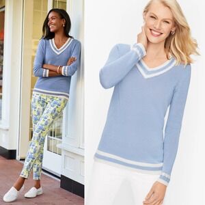 Talbots Womens 100% Linen V Neck Sweater 1XP Light Blue Varsity Preppy Old Money